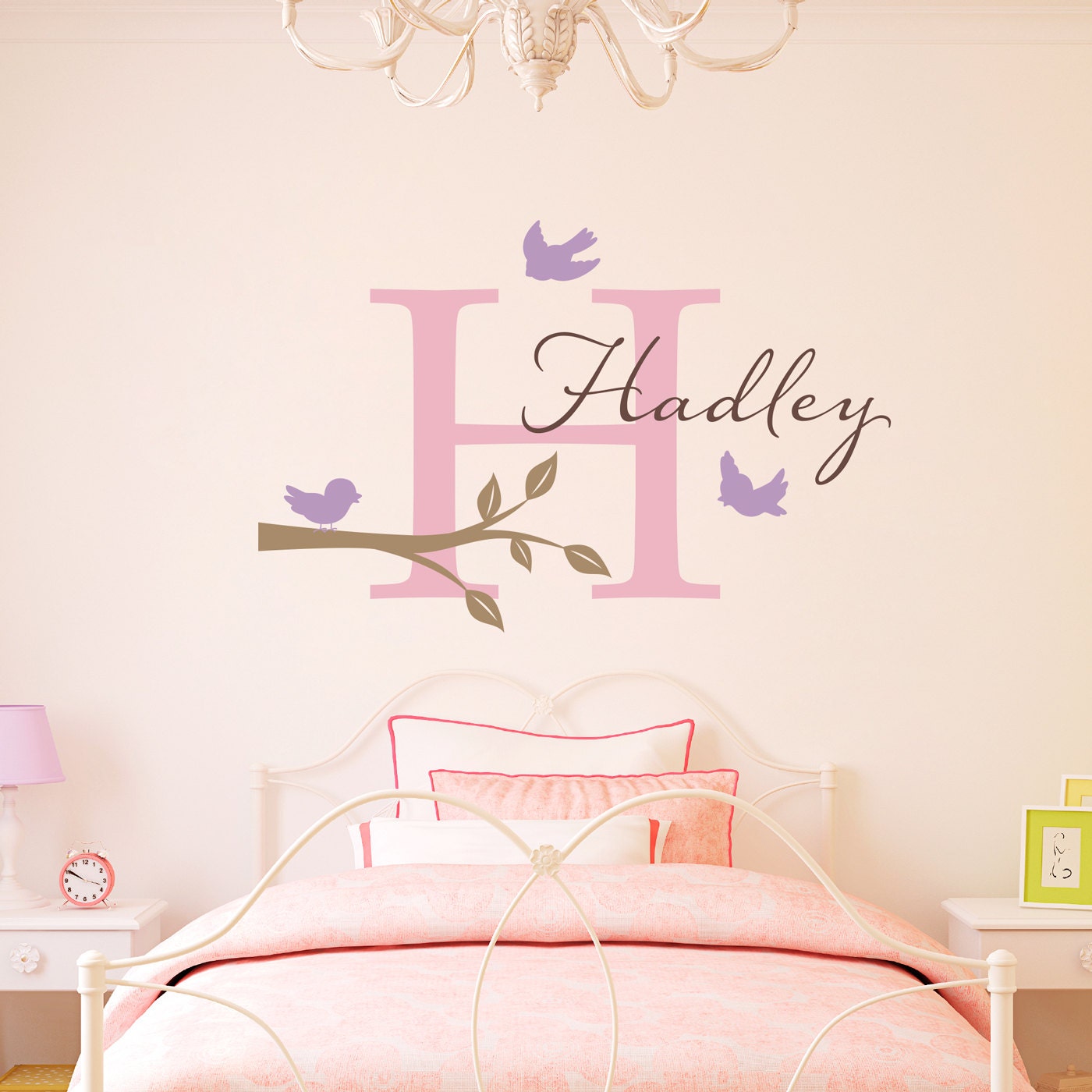 Initial & Name Decal with Birds and Branch - Bird Wall Decal - Personalized Girls Name Decal - Large