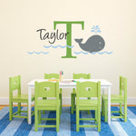 Kid Name Decal with Initial & Whale - Unisex Wall Decal - Whale Wall Art - Large