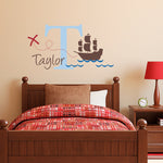Initial Wall Decal with Name and Pirate Ship - Personalized Name Wall Decal - X marks the spot - Medium