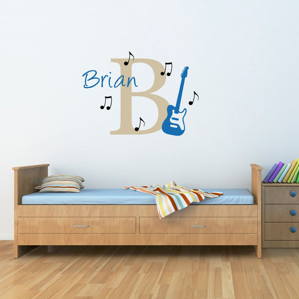 Guitar Wall Decal with Initial & Name - Personalized Name Wall Decal - Music Notes Decal - Large