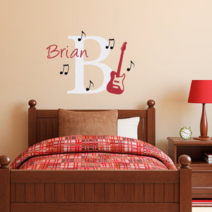 Initial & Name Wall Decal with Guitar and Music Notes - Guitar Wall Decal - Music Decal - Medium
