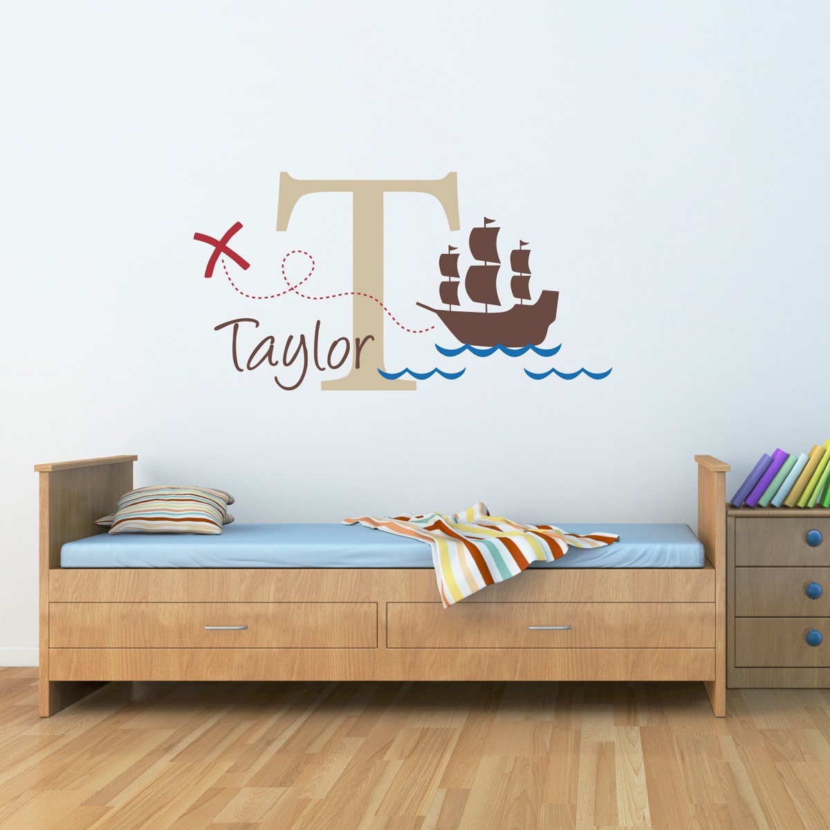 Pirate Ship Wall Decal with Initial & Name - Personalized Name Wall Decal - X marks the spot - Large