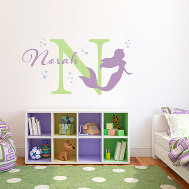 Initial & Name Decal with Mermaid and Bubbles - Mermaid Wall Decal - Custom Girls Name Decal - Large