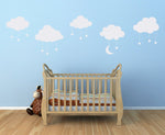 Cloud Wall Decal Set - Clouds with Dangle Stars & Moon Decals - Set of FIVE Clouds - Nursery Wall Decal