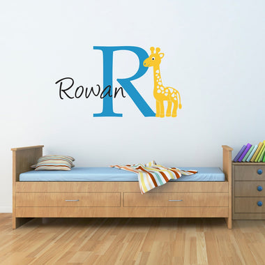 Giraffe Wall Decal with Initial & Name - Cartoon Giraffe Wall Sticker - Large