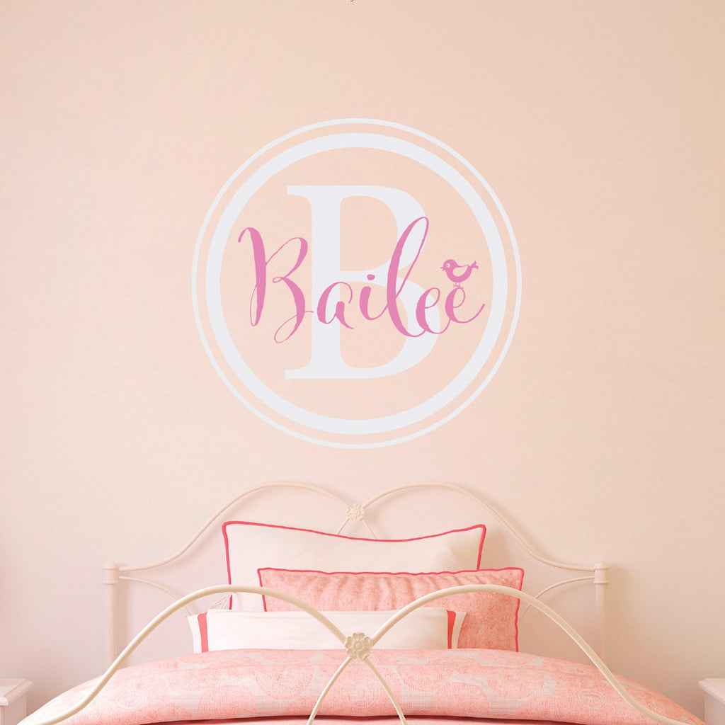 Girl Initial Circle Wall Decal with bird - Personalized Decal with Initial - Bird Decal - Large 2
