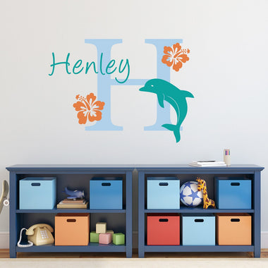 Dolphin Wall Decal with Initial, Name and Hibiscus Flowers - Dolphin Wall Decal - Personalized Wall Sticker - Large