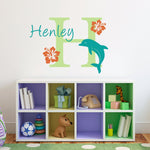 Initial & Name Wall Decal with Dolphin and Hibiscus Flowers - Hawaiian Wall Decal - Dolphin Decal - Medium