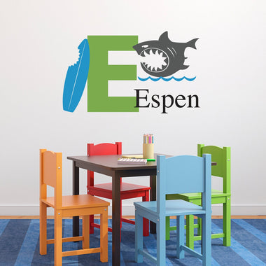 Shark Wall Decal Set - Initial Name Personalized Wall Decal - Boy Bedroom Wall Art - Medium