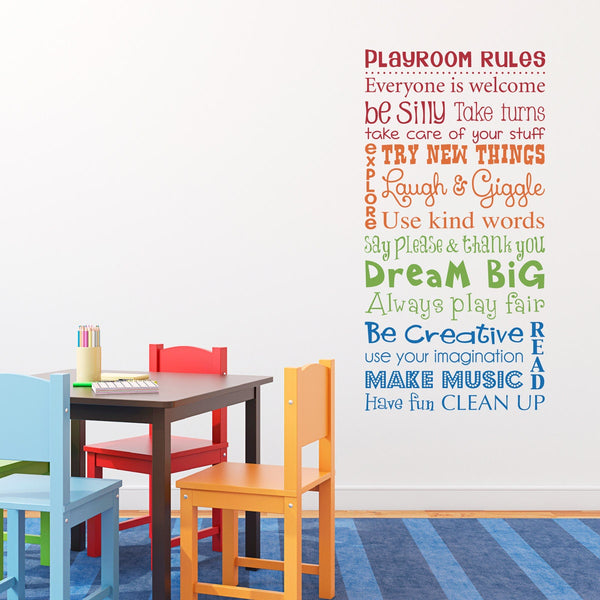 Play Room Rules Wall Decal - Multiple Color Version - Vertical Medium