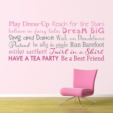 Girls Rules Wall Decal - Play Dress Up - Have a Tea Party - Multiple Color Version - Horizontal Large