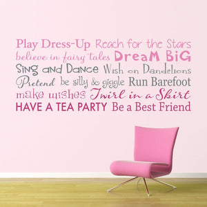 Girls Rules Wall Decal - Play Dress Up - Have a Tea Party - Multiple Color Version - Horizontal Large