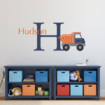 Dump Truck Initial Name Wall Decal Set - Personalized Truck Wall Decal - Boy Bedroom Wall Art - Large