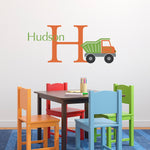 Personalized Dump Truck Wall Decal Set - Initial & Boy Name Wall Decal - Boy Bedroom Wall Sticker - Medium