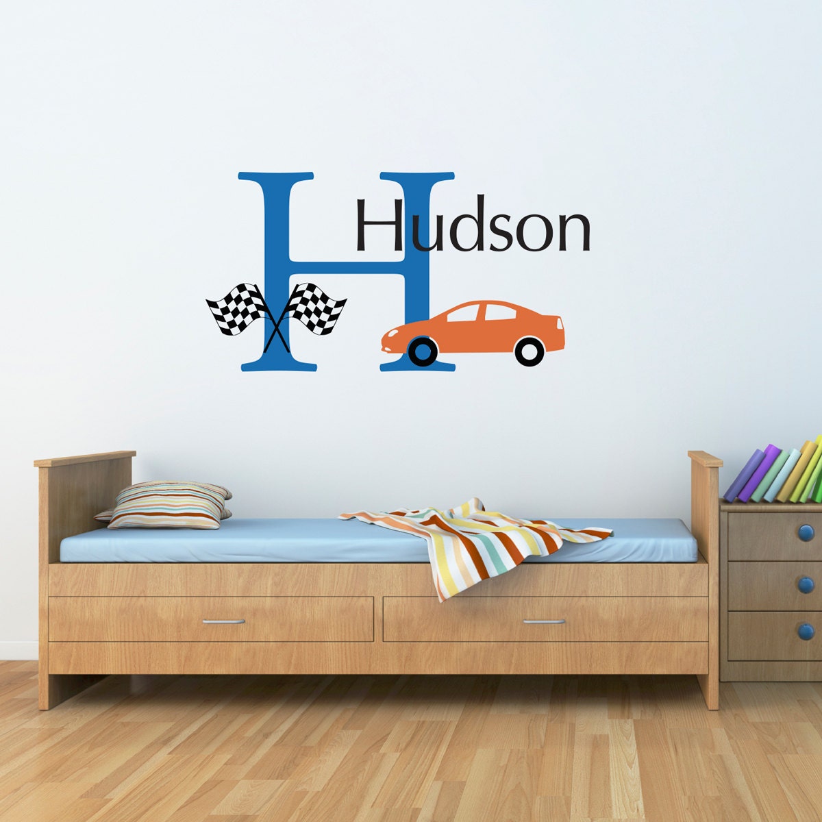 Boy Race Car Wall Decal Set - Personalized Name and Initial Decal - Racing Wall Decal - Large