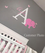 Initial & Name Decal with Elephant and Birds - Elephant Wall Decal - Custom Girls Name Decal - Large