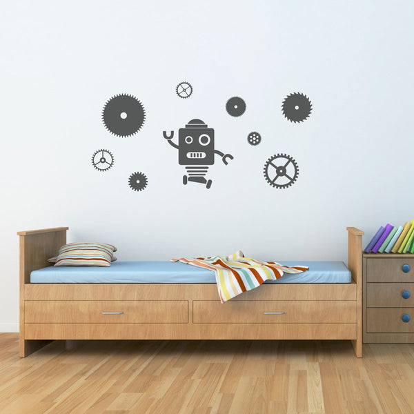 Robot & Gears Decal Set - Robot Wall Decal - Gears Wall Stickers - Boy Bedroom Decor - Large
